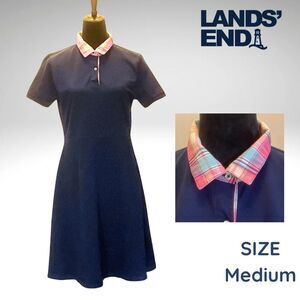 Lands’ End Women’s Polo Dress Medium – Navy Short Sleeve w/ Madras Plaid Trim